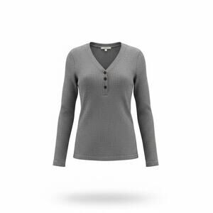 LOFT Women’s Small Gray Ribbed Henley Sweater Long Sleeve Soft Knit Top